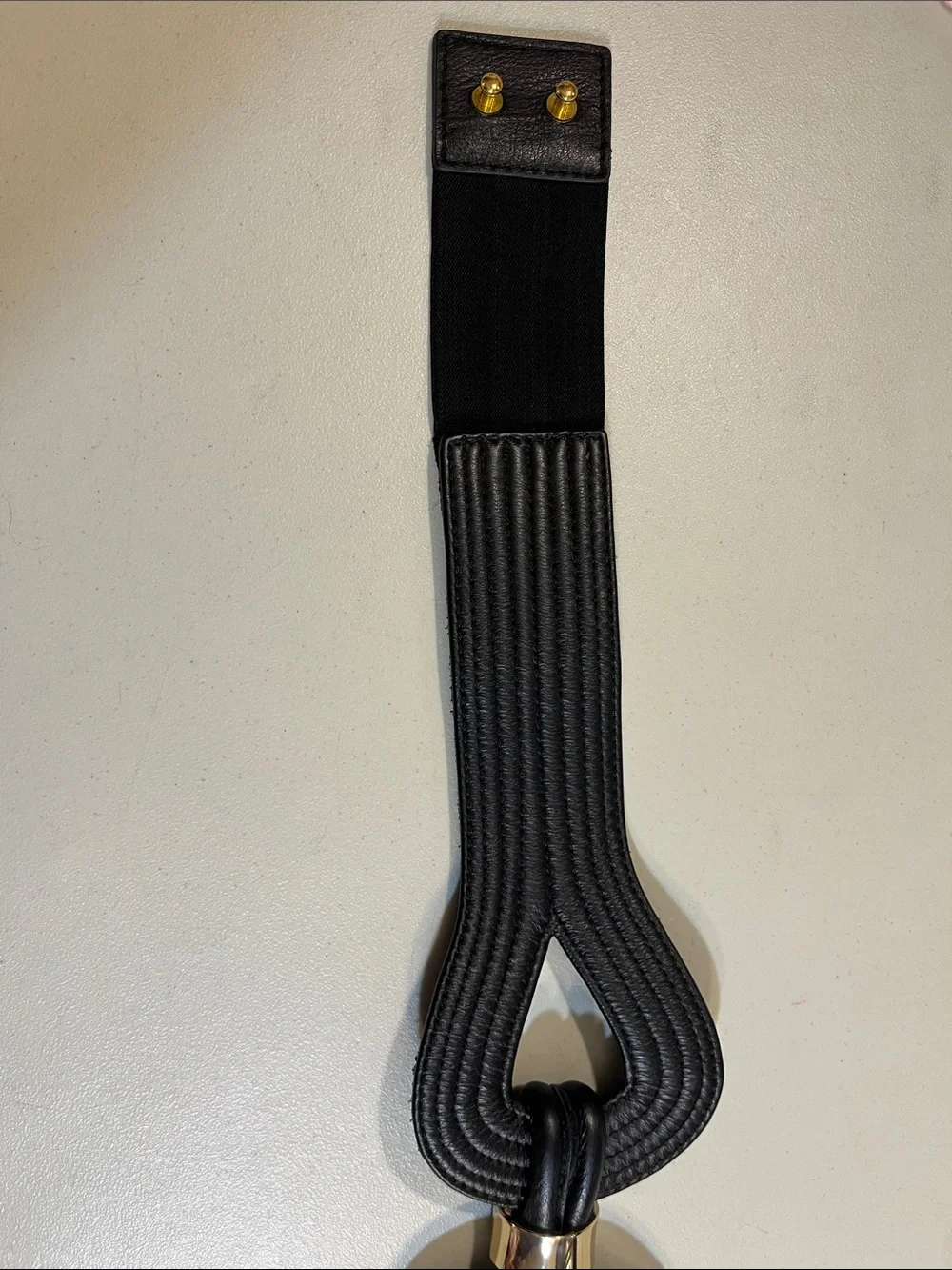Black Sculpted Elastic Waist Belt with Gold Buckle